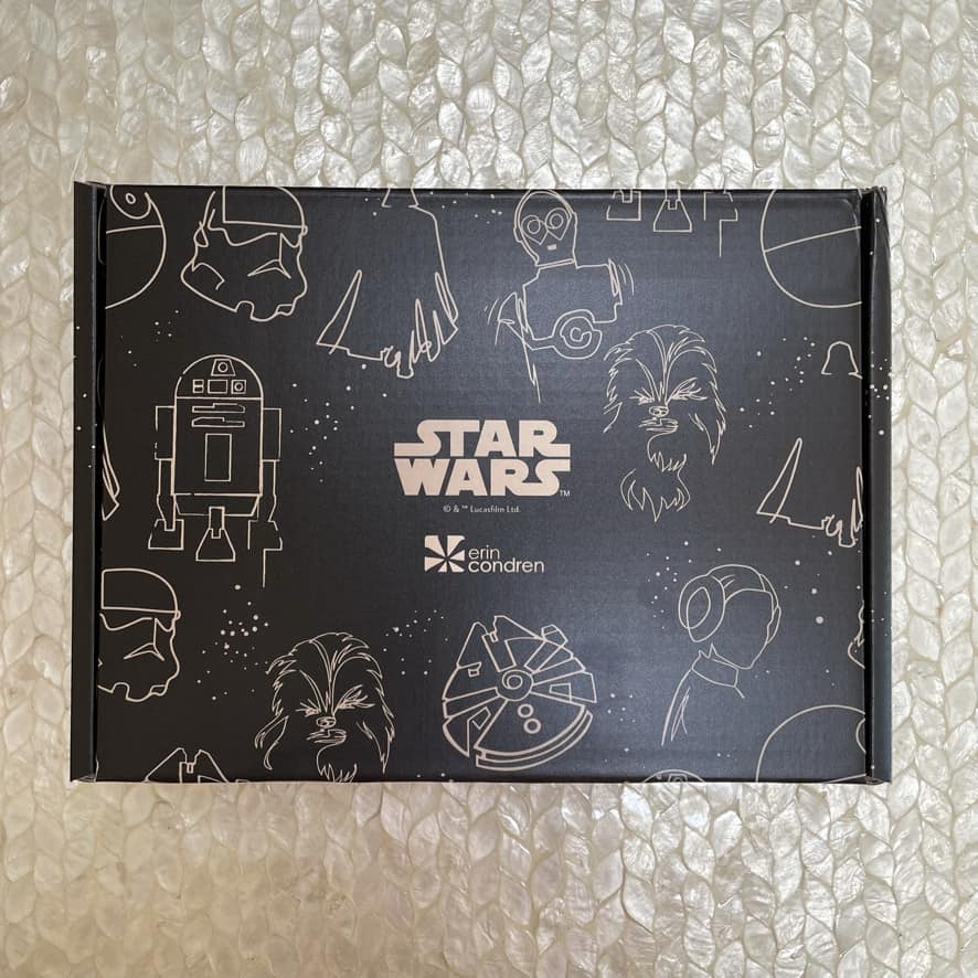 black box with Erin Condren Star Wars designs on the outside in a gold color