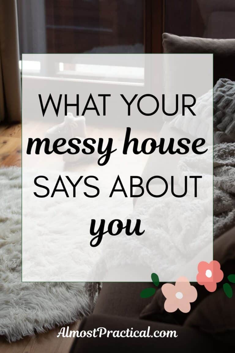 words "what your messy house says about you" superimposed on a photo of a living room with a sofa that has a blanket tossed on top