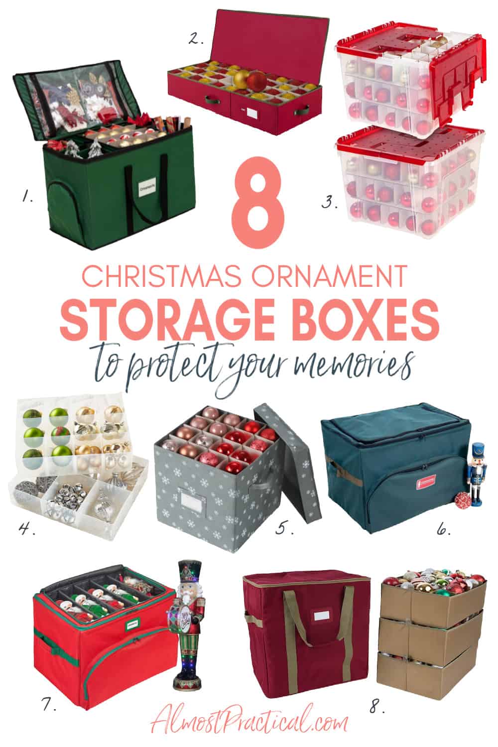 a selection of 8 different storage boxes for Christmas Ornaments