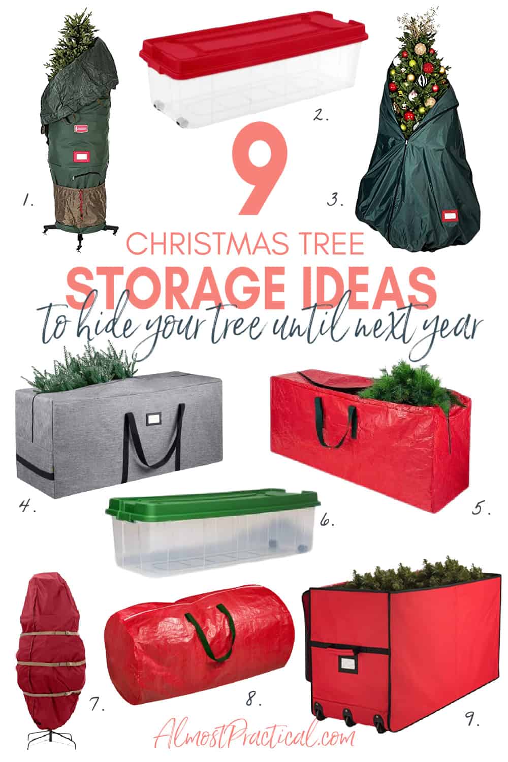 a selection of artificial Christmas tree storage bags and boxes