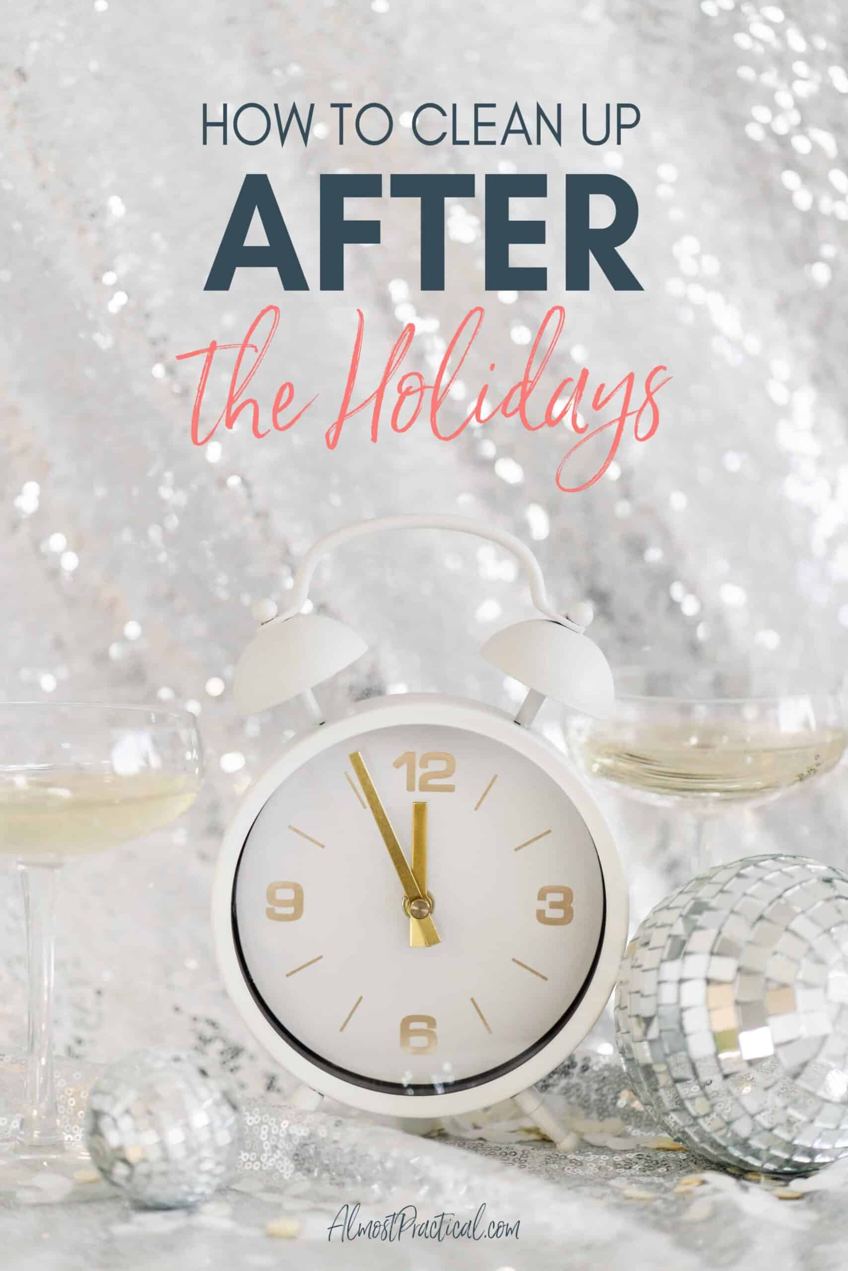 white alarm clock with glittery backdrop, champagne glasses, and mirrored balls