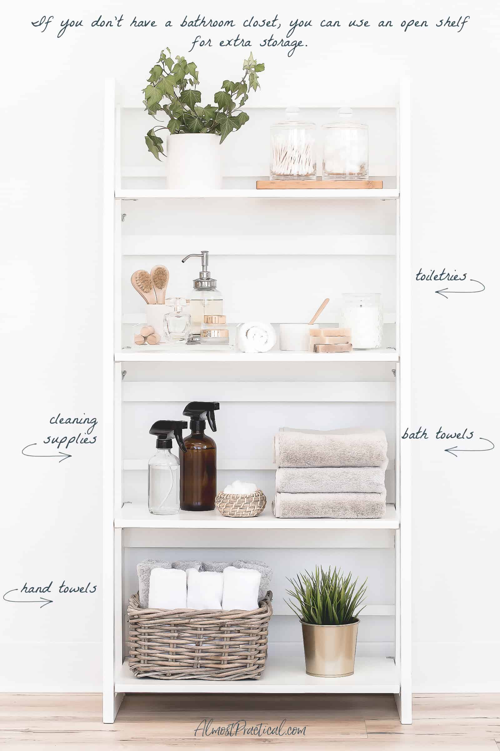 a white shelving unit with towels and toiletries on it.