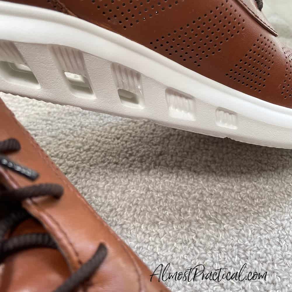 Close up of the sole of the Johnston & Murphy Activate Collection U-Throat Shoes in tan leather