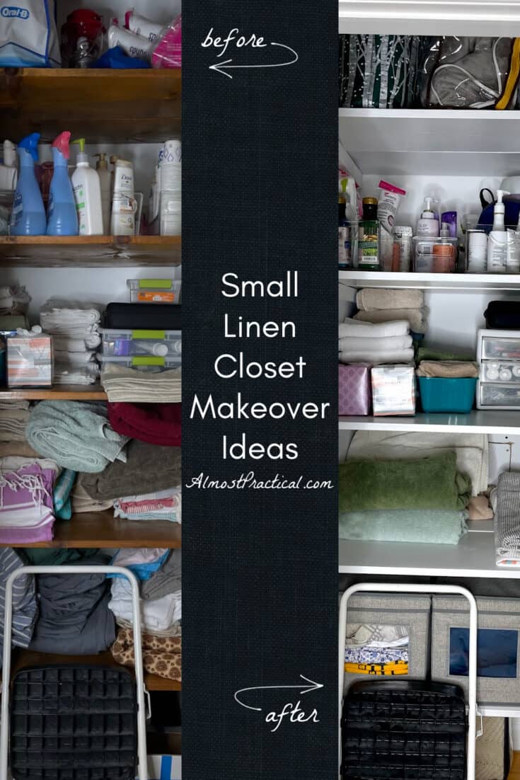 before and after of a small linen closet makeover