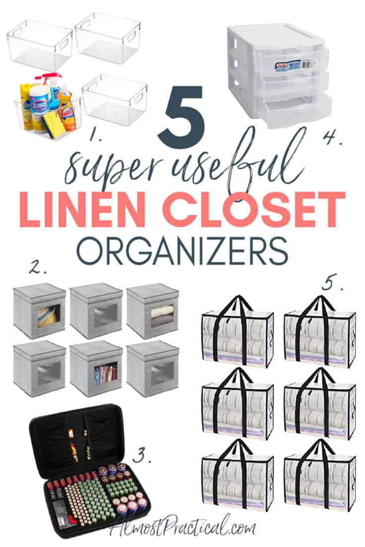 collection of boxes, bins, and bags for storing linens