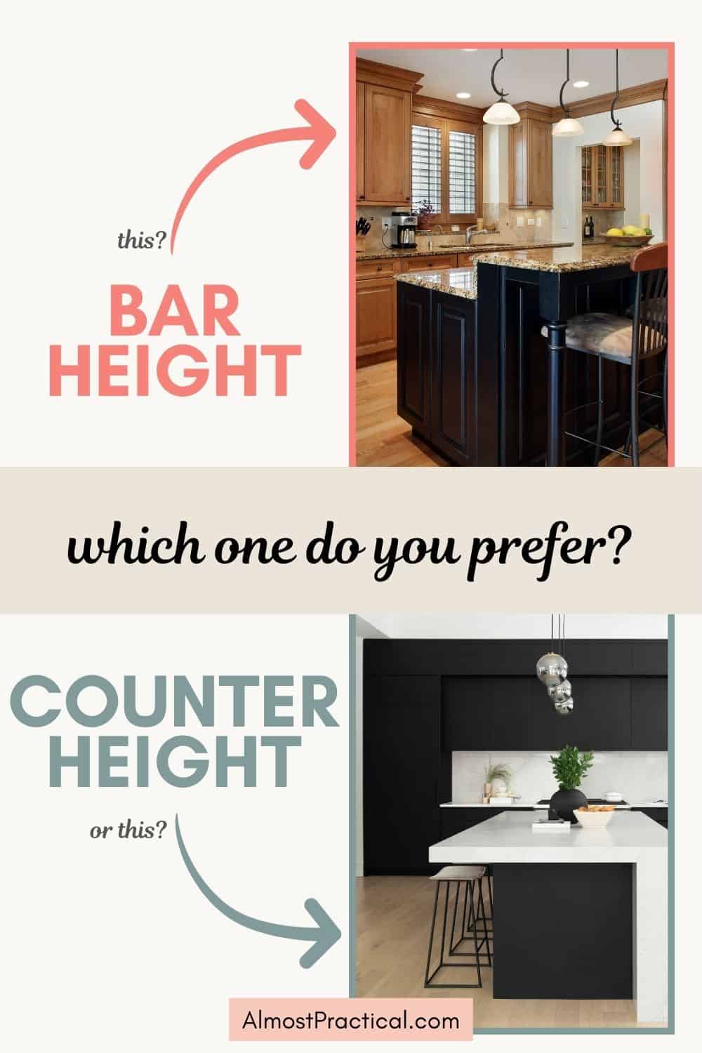 two images - top is bar height countertops and bottom is counter height counter tops