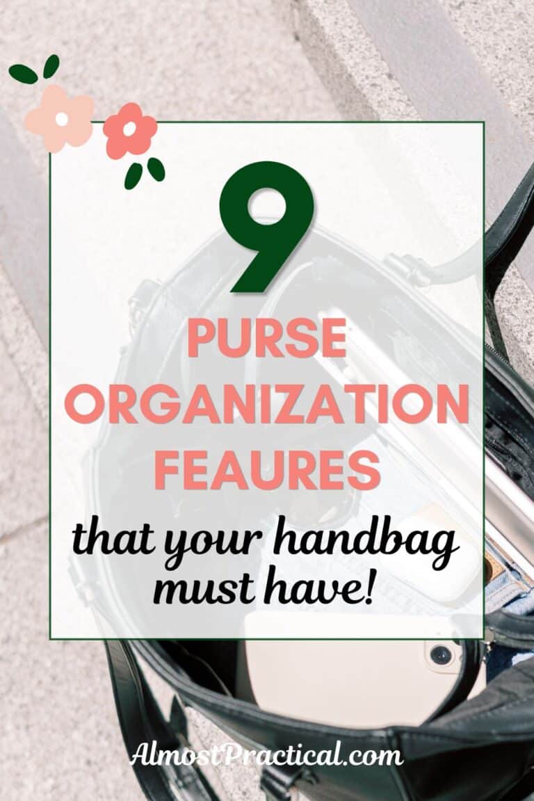 words "9 purse organization features that your handbag should have" superimposed on a photo of a large tote bag open with contents inside
