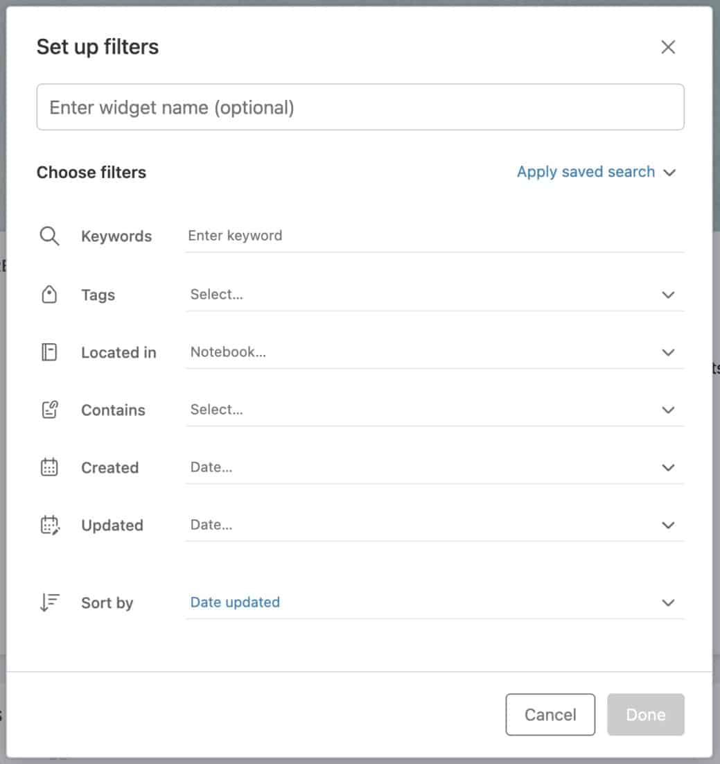 options for evernote filtered notes widget