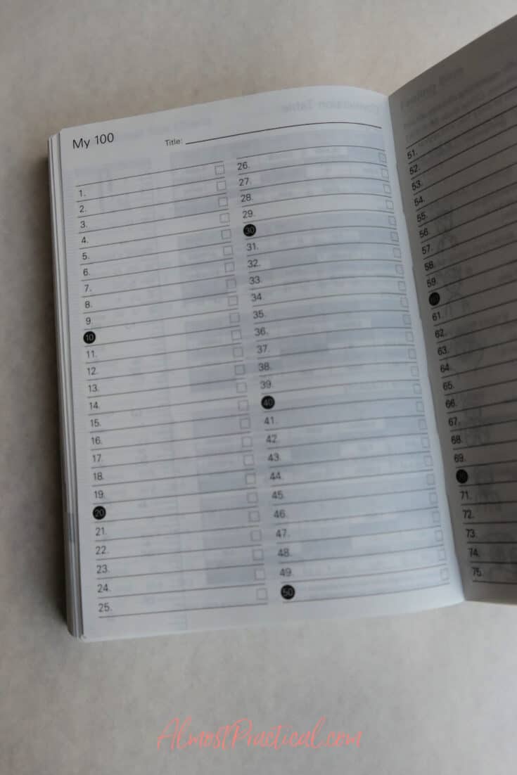 my 100 list in the  Hobonichi techo planner book