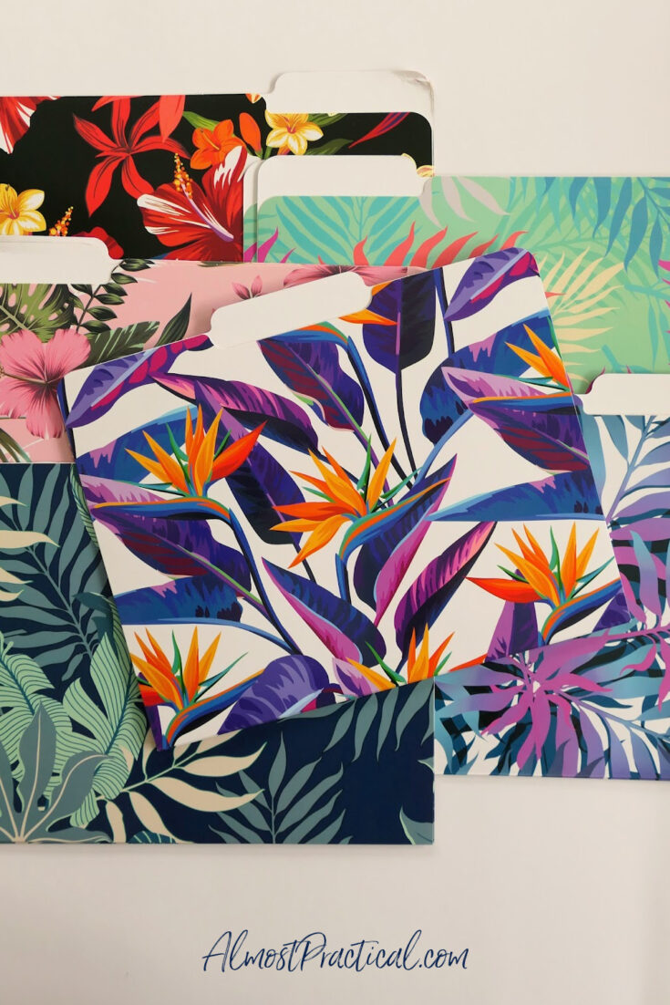 set of fancy file folders with tropical floral design