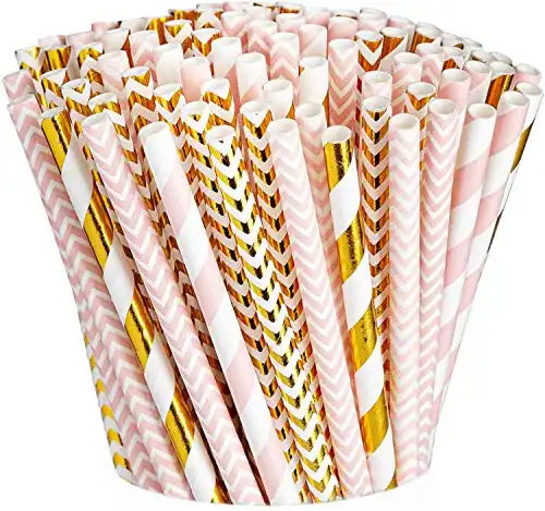 Pink & Gold Paper Drinking Straws