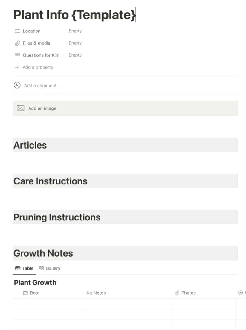 A screenshot of a gardening template inside the Notion App that includes headlines.
