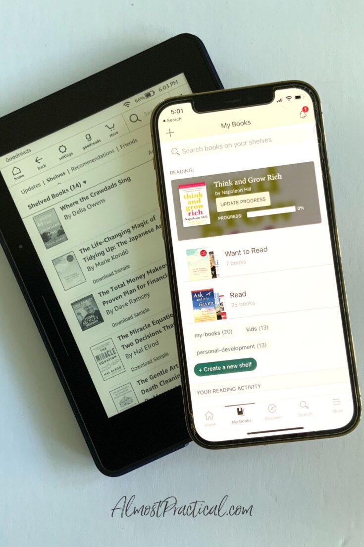 iphone and kindle with GoodReads interface showing