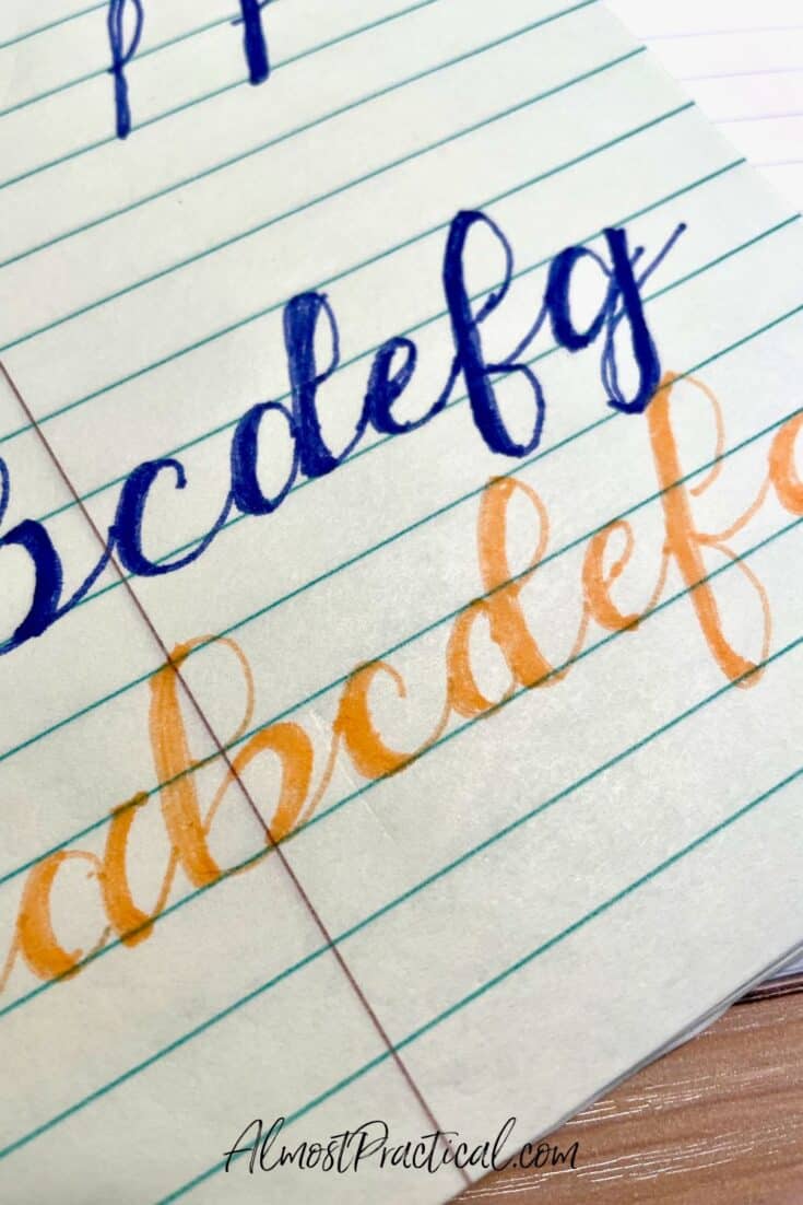 part of the lower case alphabet drawn in hand lettering in calligraphy