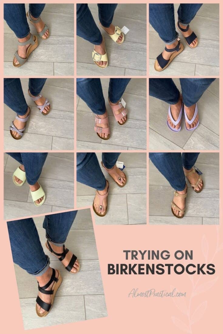 collage of person wearing 10 different styles of Birkenstock sandals