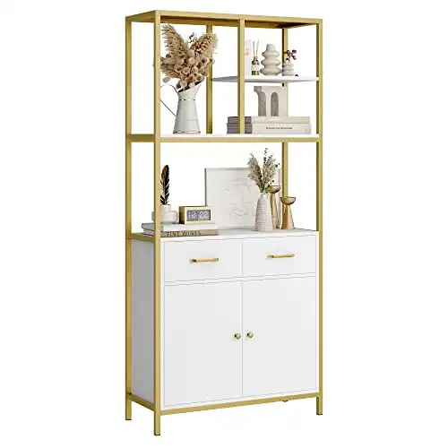 Modern White and Gold Bookcase with Drawers and Storage Cabinet