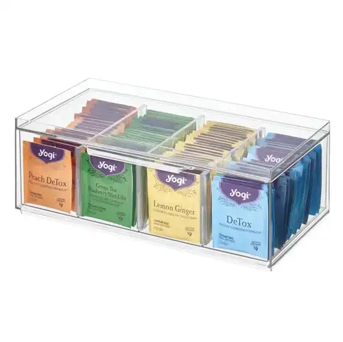iDesign Crisp BPA-Free Plastic Stackable Tea Bag Organizer for Kitchen Cabinets and Countertops - 12.59" x 6.23" x 4.57", Clear with Gray Dividers
