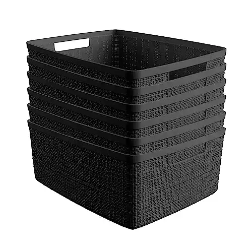 Curver Set of 6 Jute Medium Decorative Plastic Organization and Storage Baskets Perfect Bins for Home Office, Closet Shelves, Kitchen Pantry and All Bedroom Essentials, Black