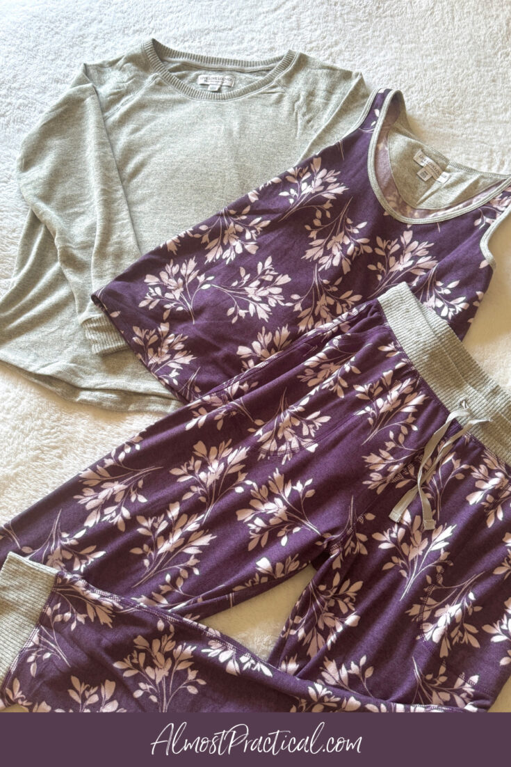 3 piece set of women's winter pajamas in purple and gray