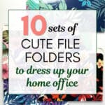 the words "10 sets of cute file folders to dress up your home office" superimposed on a photo of file folders with a tropical design