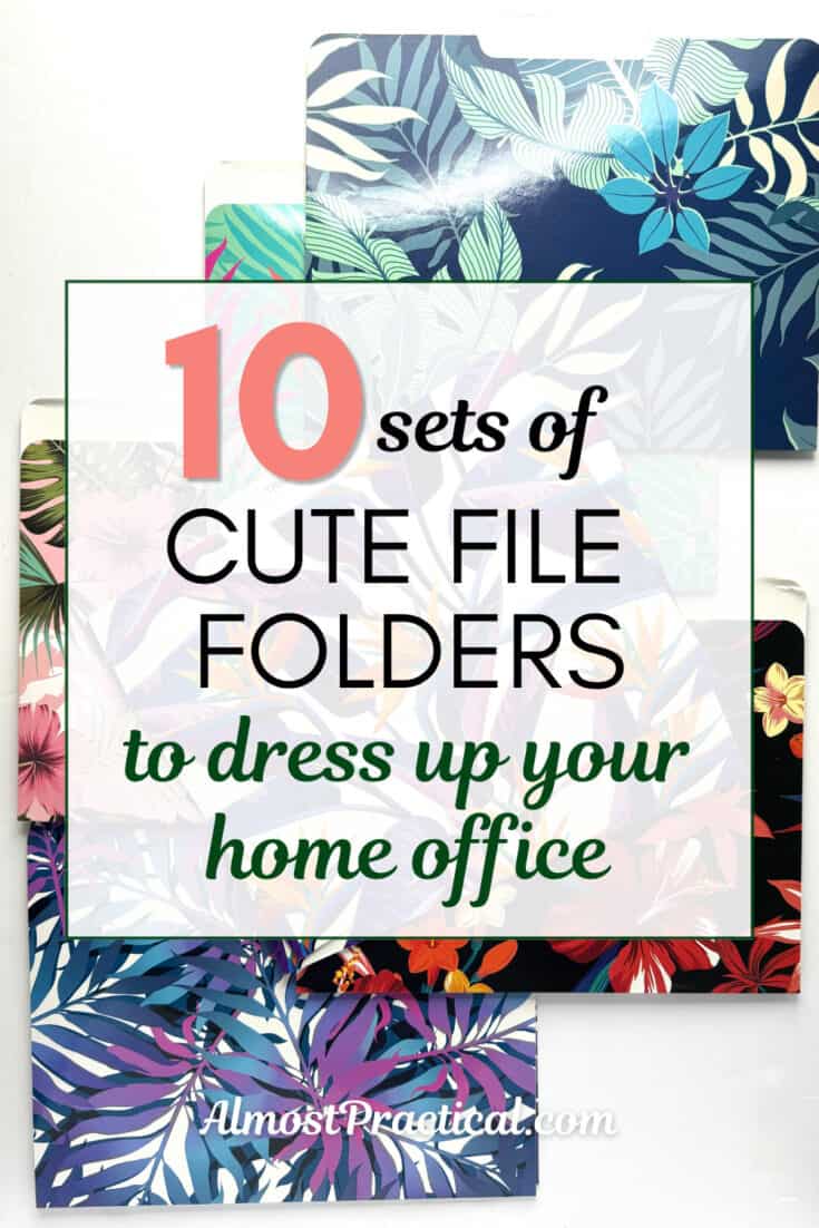 the words "10 sets of cute file folders to dress up your home office" superimposed on a photo of file folders with a tropical design