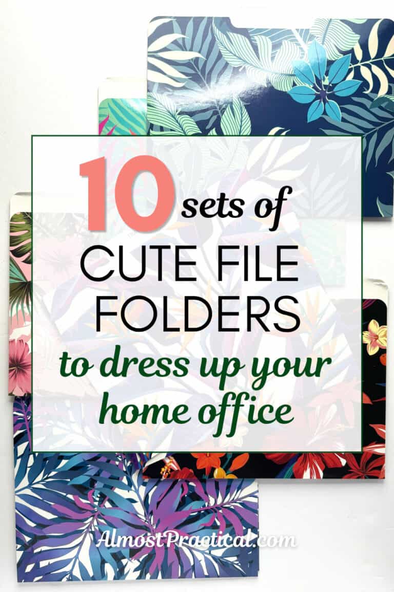 the words "10 sets of cute file folders to dress up your home office" superimposed on a photo of file folders with a tropical design