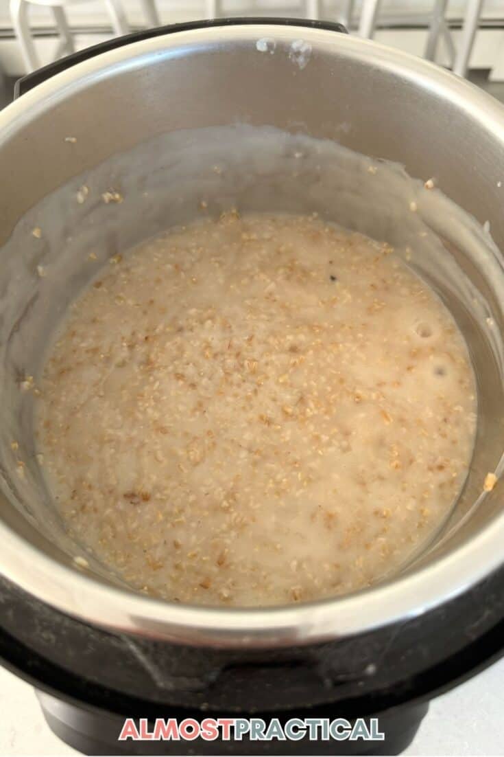 thickened steel cut oatmeal inside the instant pot