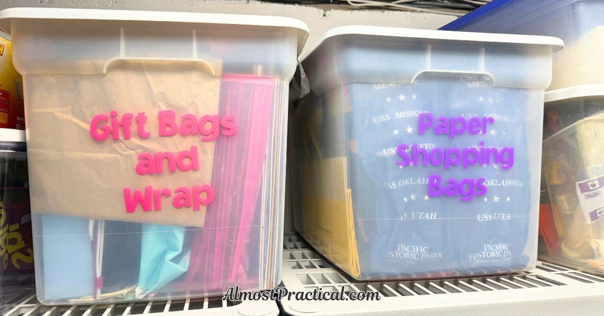 2 plastic bins with gift bags and paper bags in them