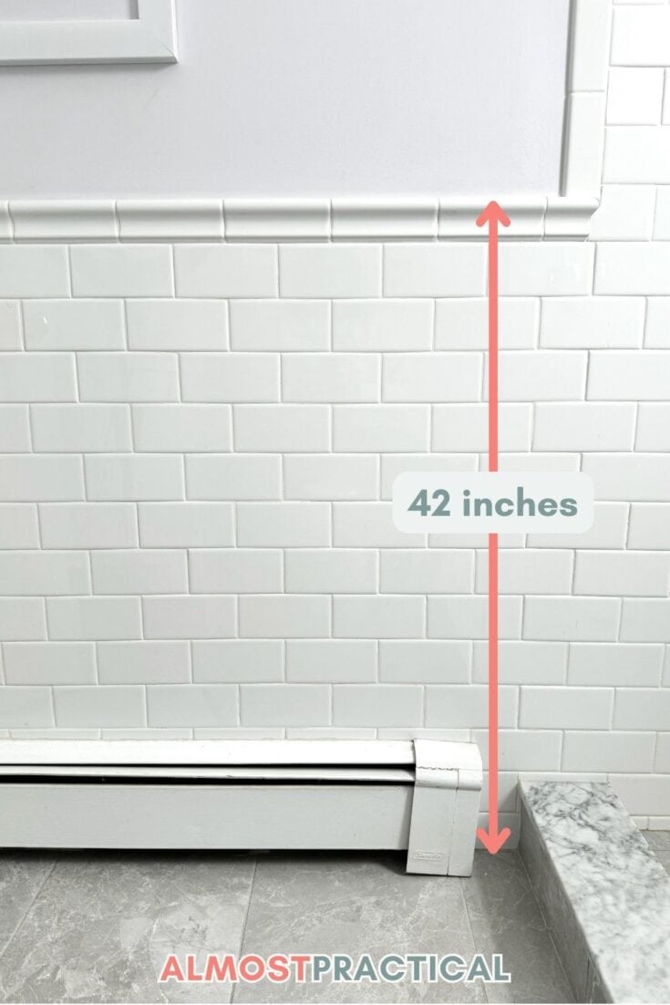 bathroom wall tile with white subway tile on bottom of wall to 42 inches up from floor