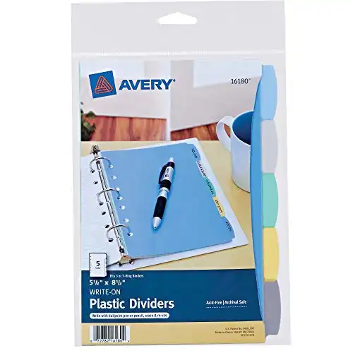 Avery Write & Erase Durable Plastic Mini Dividers for 3 Ring Binders, Multicolor