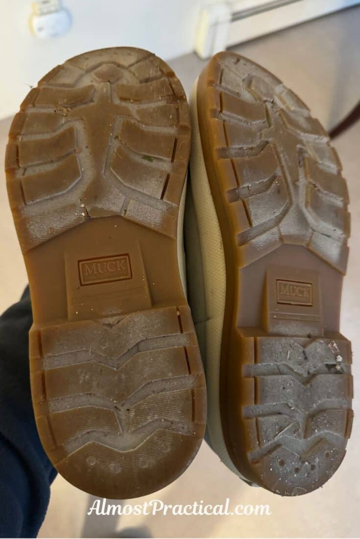 photo of soles of the ankle Muck Boots after they have been worn.