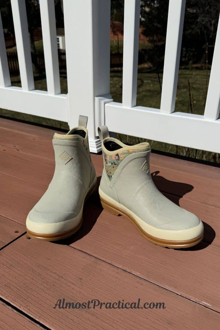 photo of ankle style rain boots from the Muck Company in the sun