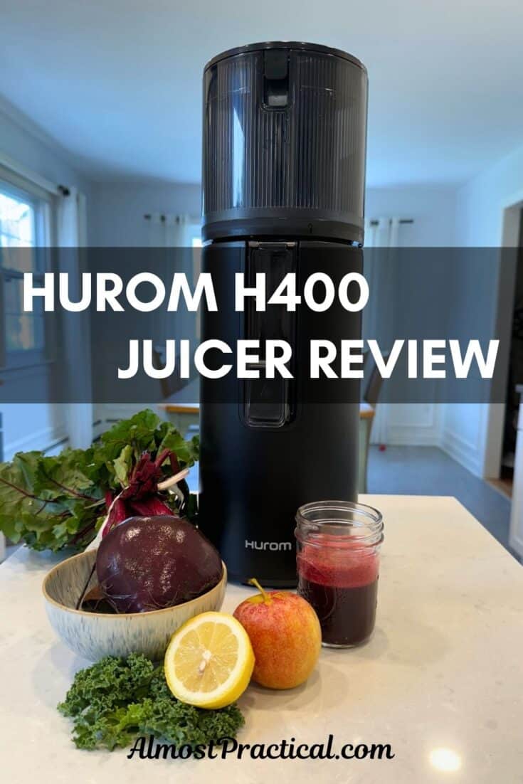 photo of Hurom H400 Juicer with fruits and vegetables in front of it