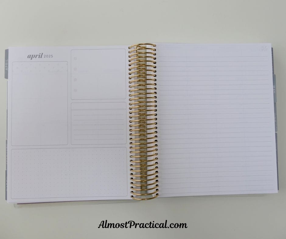 two page planner layout with a dashboard on one side and a lined page on the other