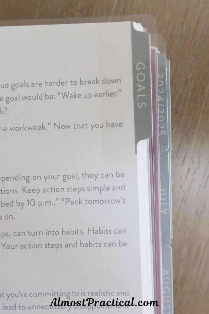 a tab in a planner that says "Goals"