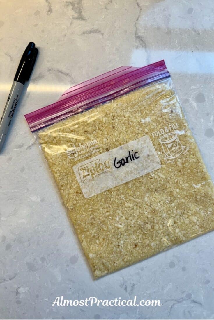 quart sized Ziploc bag with minced garlic inside