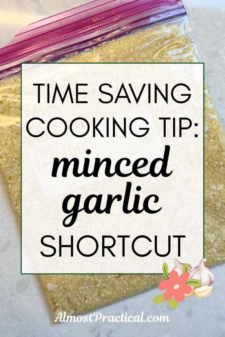 words "cooking tips: minced garlic shortcut" superimposed on a photo of a flattened quart size zipper bag of minced garlic on a white marble background