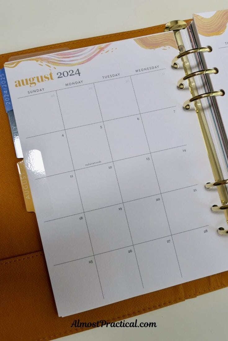 planner lying open to a monthly page