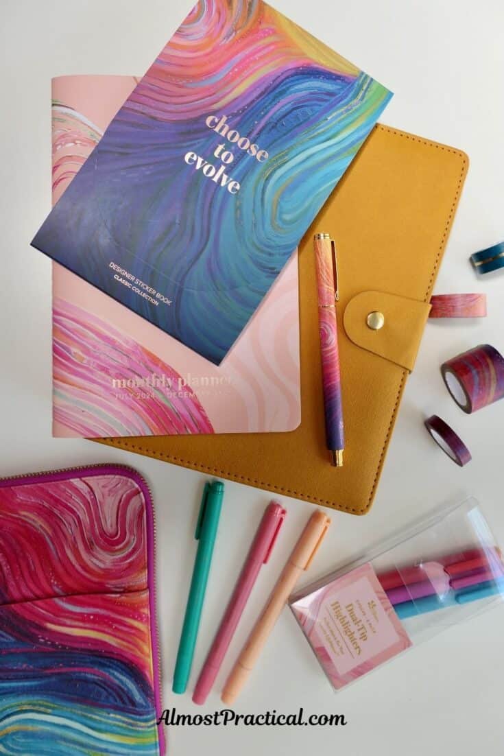 collection of colorful planners and accessories
