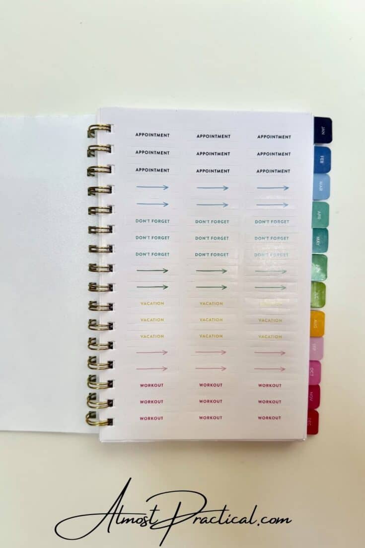 a page of functional planning stickers in a coiled planner