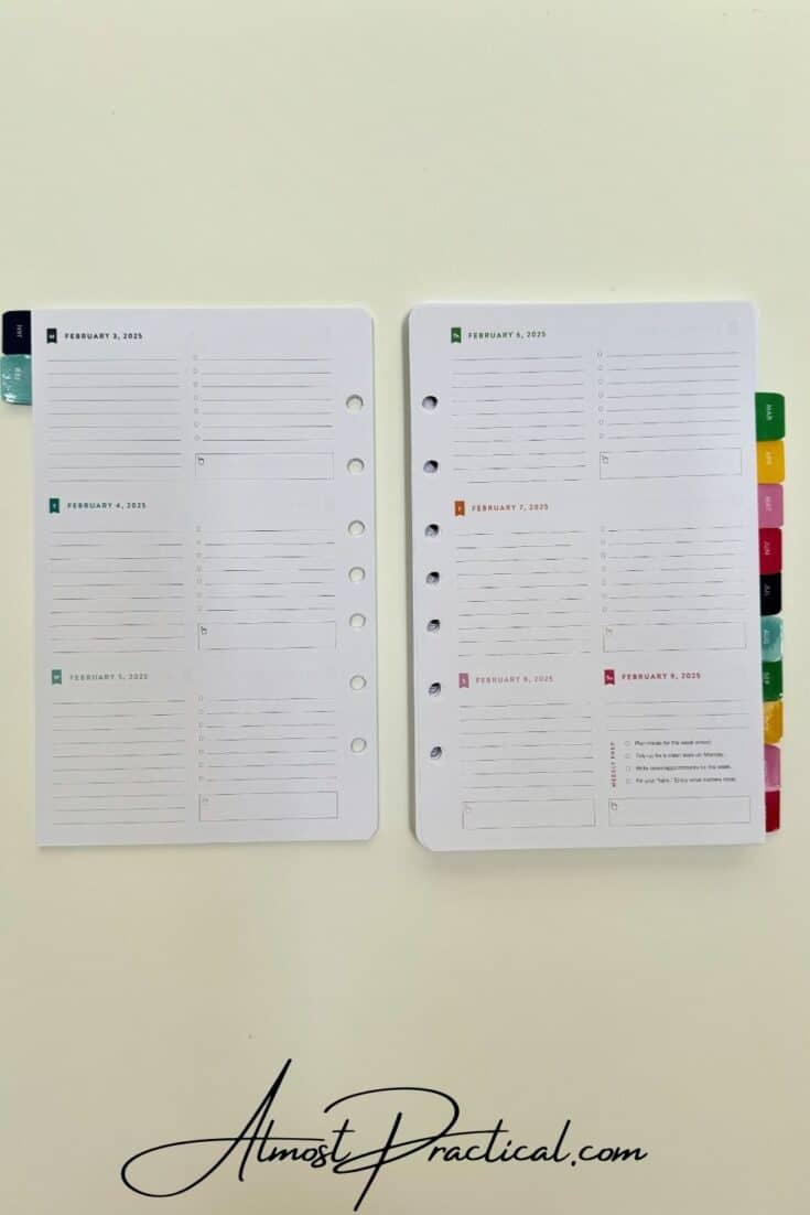 a two page per week layout in a planner ring agenda page format