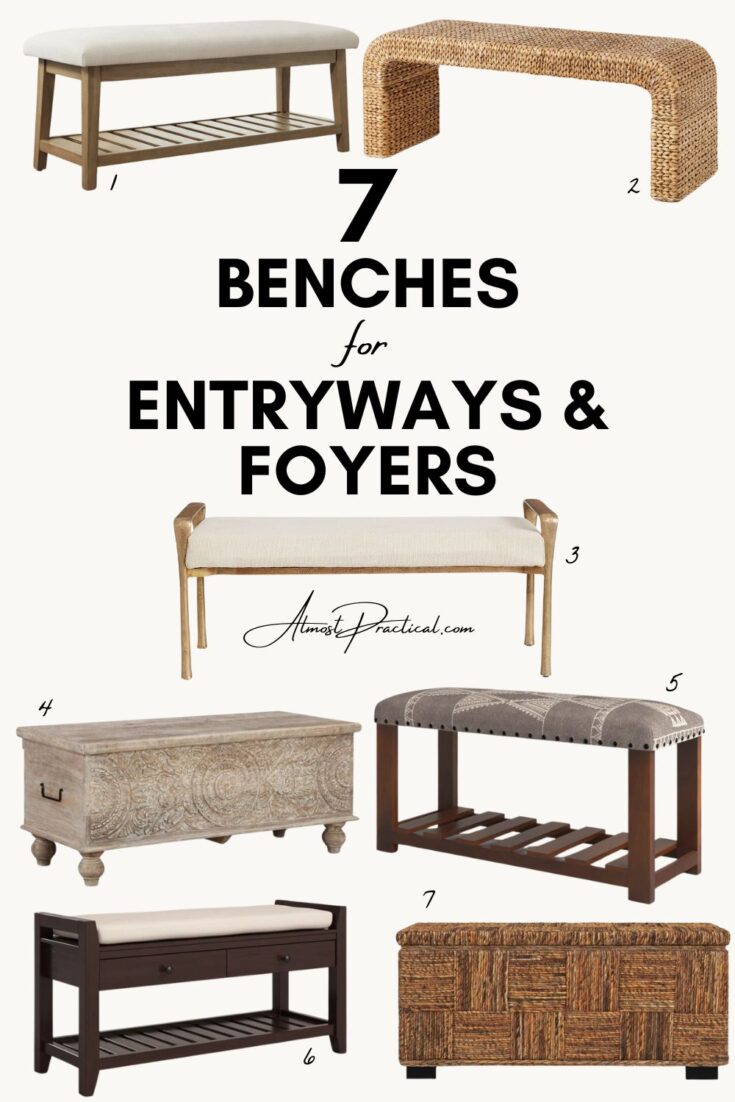 a collage of benches that will look nice in a foyer