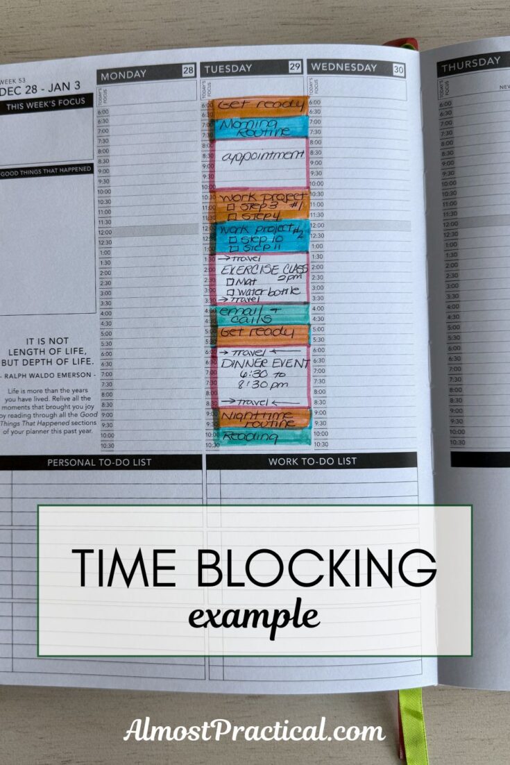 a photo of a time-blocked day in a weekly planner with an hourly layout
