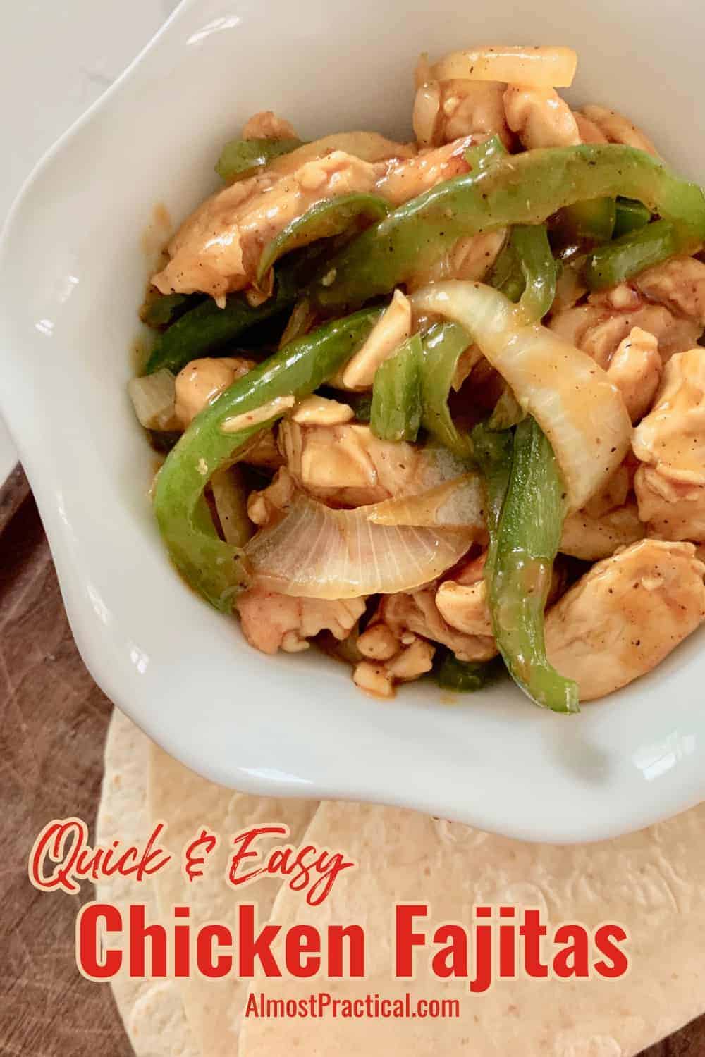 bowl of chicken fajitas with a tortilla