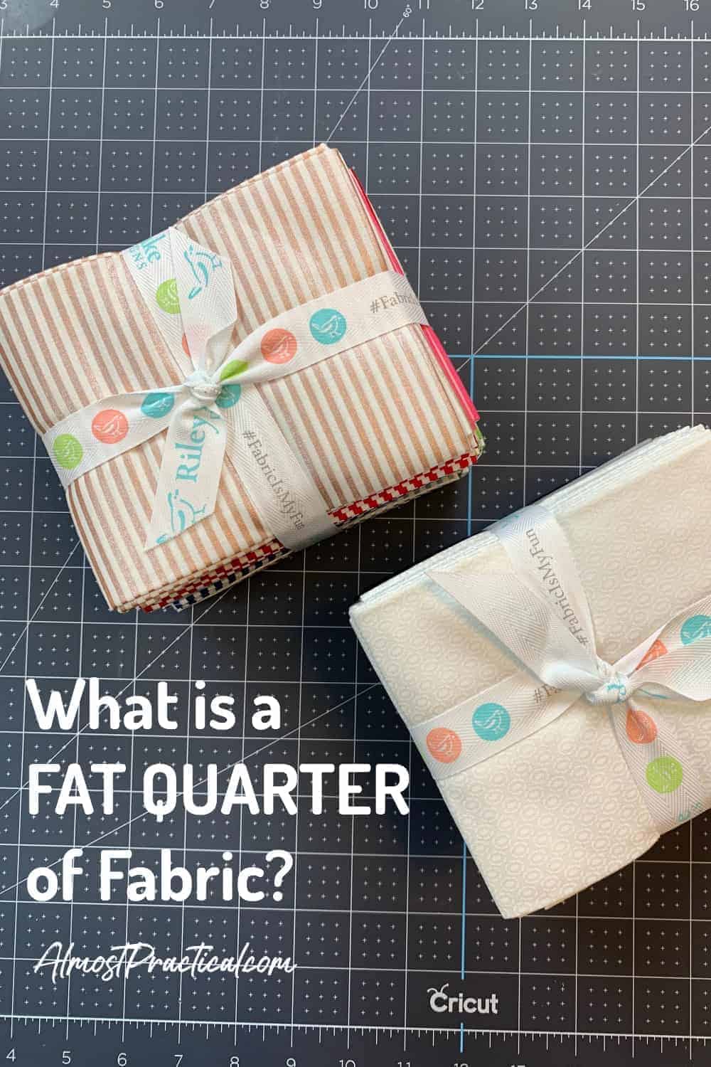 2 fat quarter stacks of fabric in strips and white tied with ribbon from Riley Blake and sold at Cricut