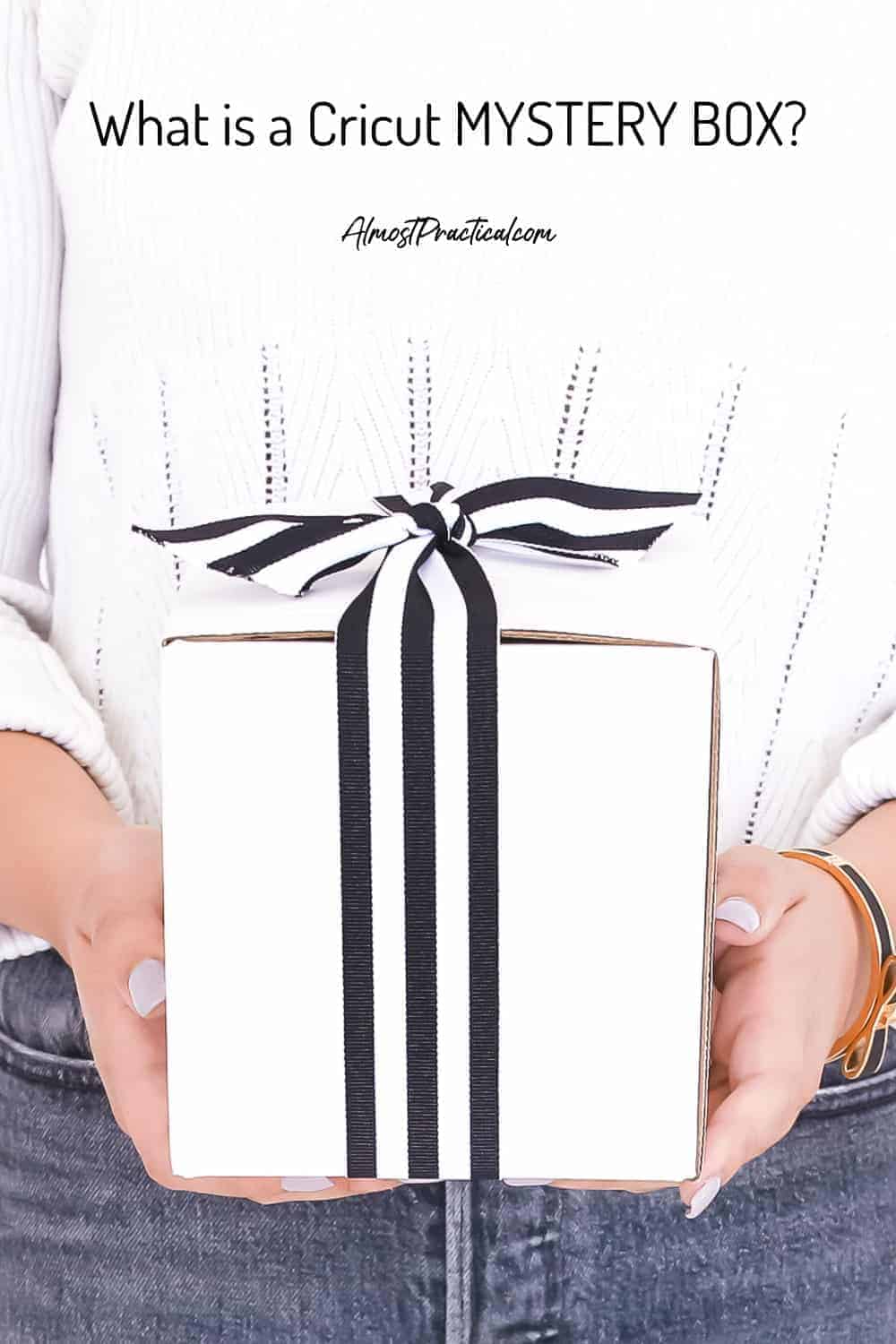 what-is-cricut-mystery-box-003 woman holding white gift box with black and white stripe ribbon